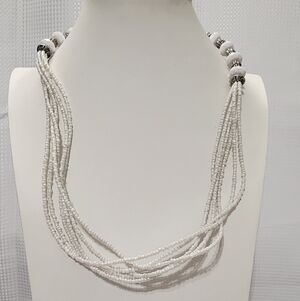 White Multi Strand Seed Bead Necklace Faceted Beads Silver Tone Boho Adjustable